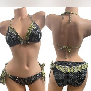 Betsey Johnson Black White and Green Patterned Bikini